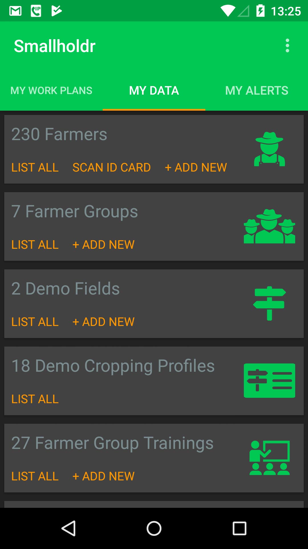 A typical Smallholdr mobile app screen :  Empowers the extension worker with key data at their fingertips.
